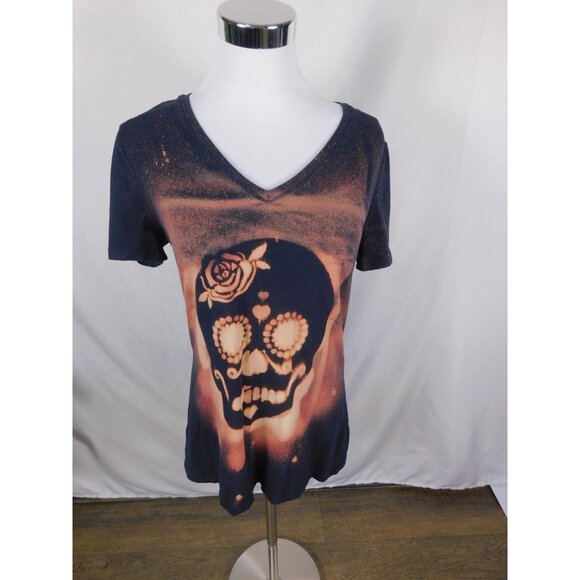 Sugar Skull Shirt Womens Medium Bleached V Neck Graphic Tee Day of the Dead - Picture 3 of 11